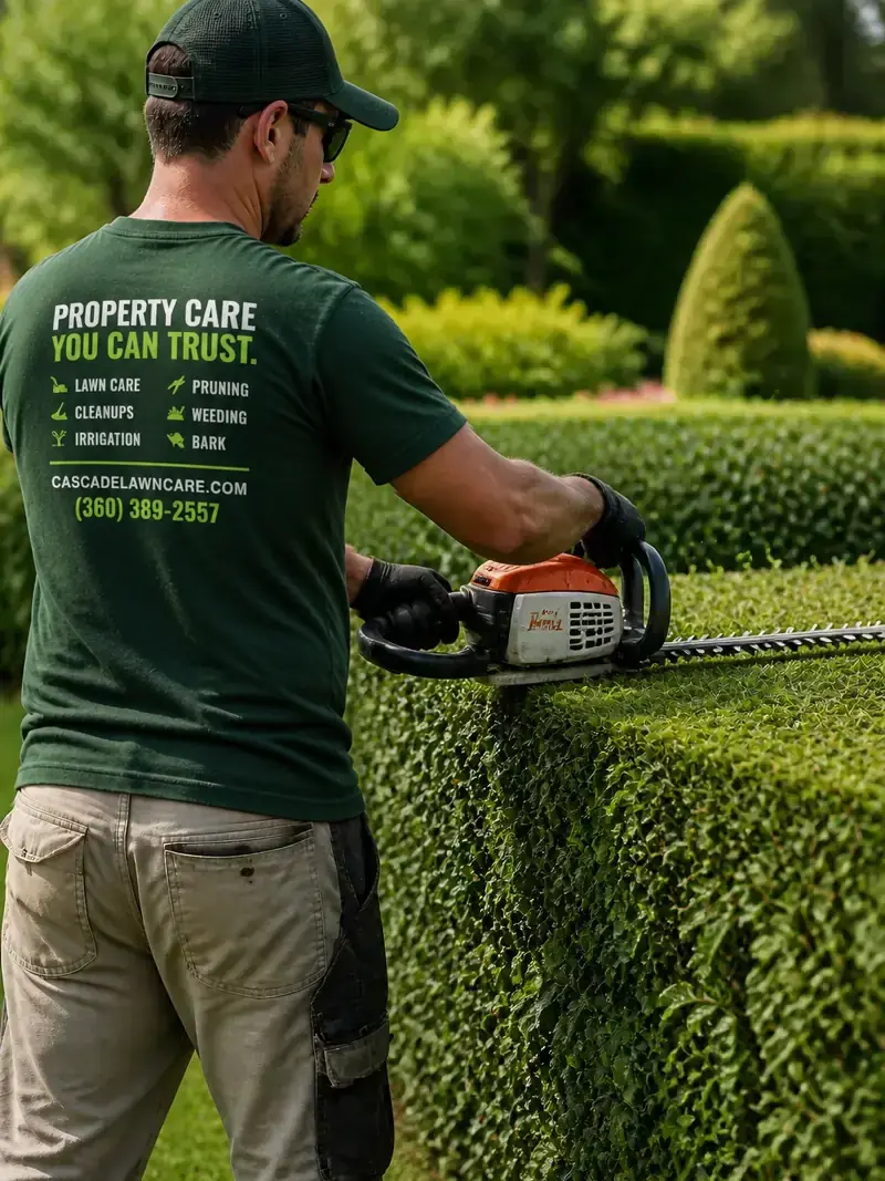 A crew member in a Cascade shirt trimming a hedge with a hedge trimmer